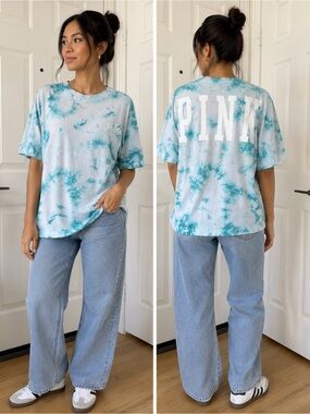 PINK Victoria's Secret Aqua & White Tie-Dye Tee
